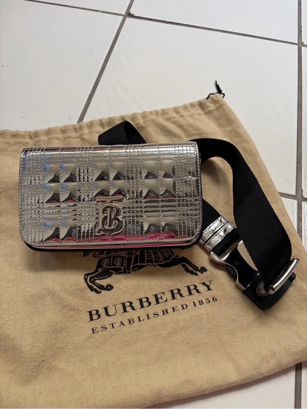 Burberry Metallic Silver Quilted TB Logo Belt Bag with Black Strap